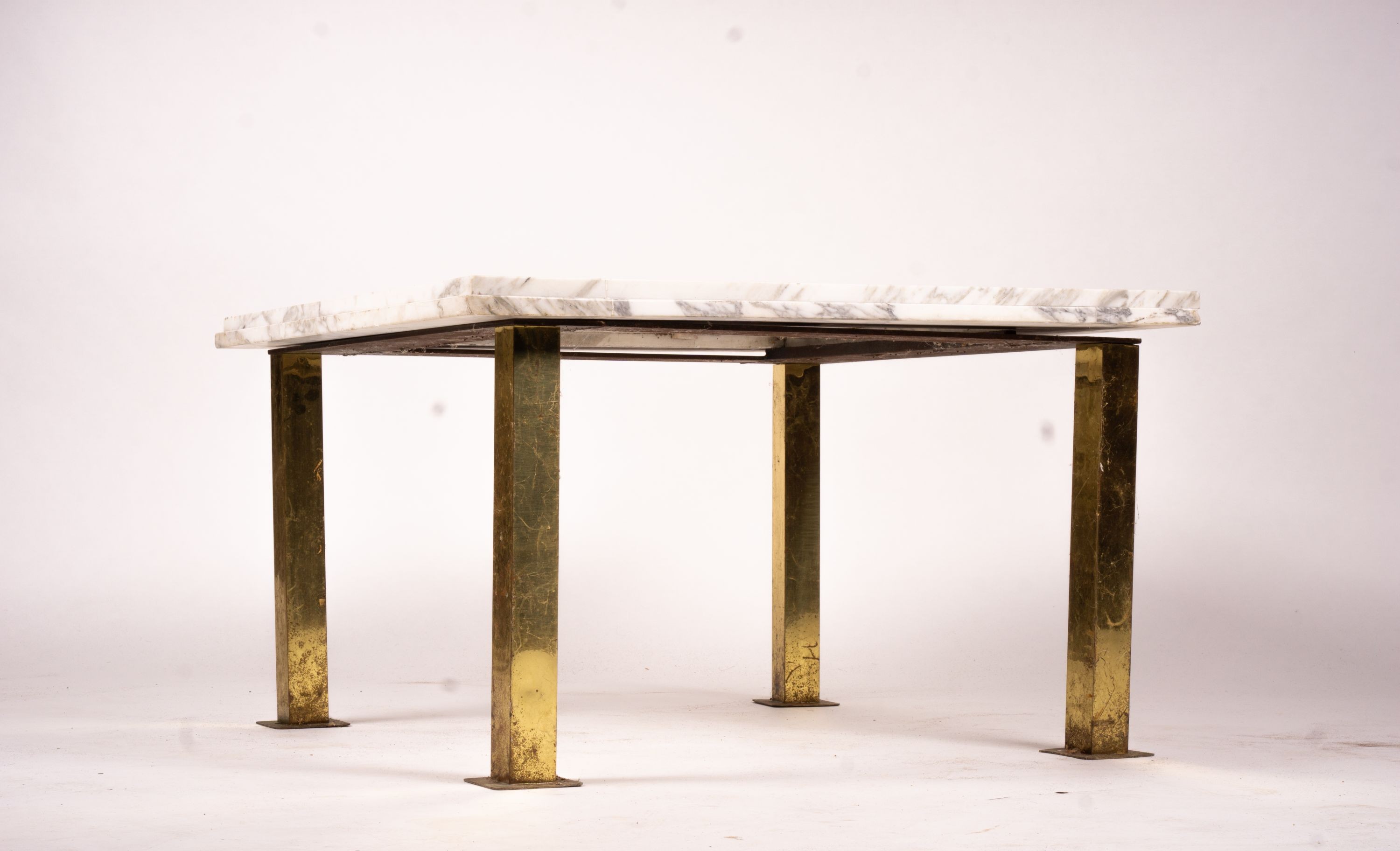 A square specimen marble and brass top low coffee table, width 86cm, height 52cm